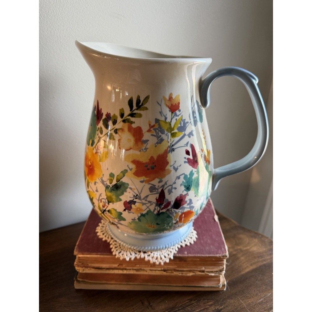 Pioneer Woman Pitcher Vase Willow Floral Stoneware Water Serving Blue Large 3 qt
